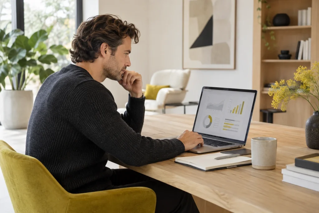 Ondernemer werkt met een digitaal dashboard in een moderne werkomgeving.