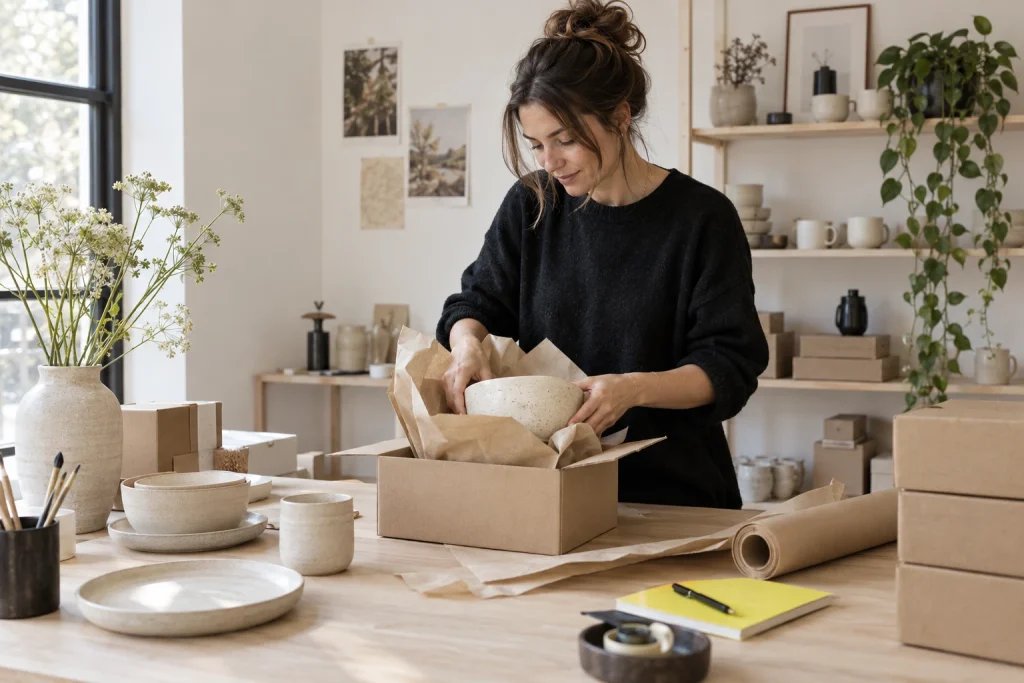 Ondernemers werken aan de presentatie van hun producten in een creatieve studio.